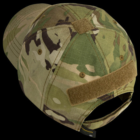 The Condor Tactical Cap - Scorpion OCP, shown from the back, features a fabric strap with hook-and-loop fastener and extra Velcro patches—ideal for military or law enforcement professionals.